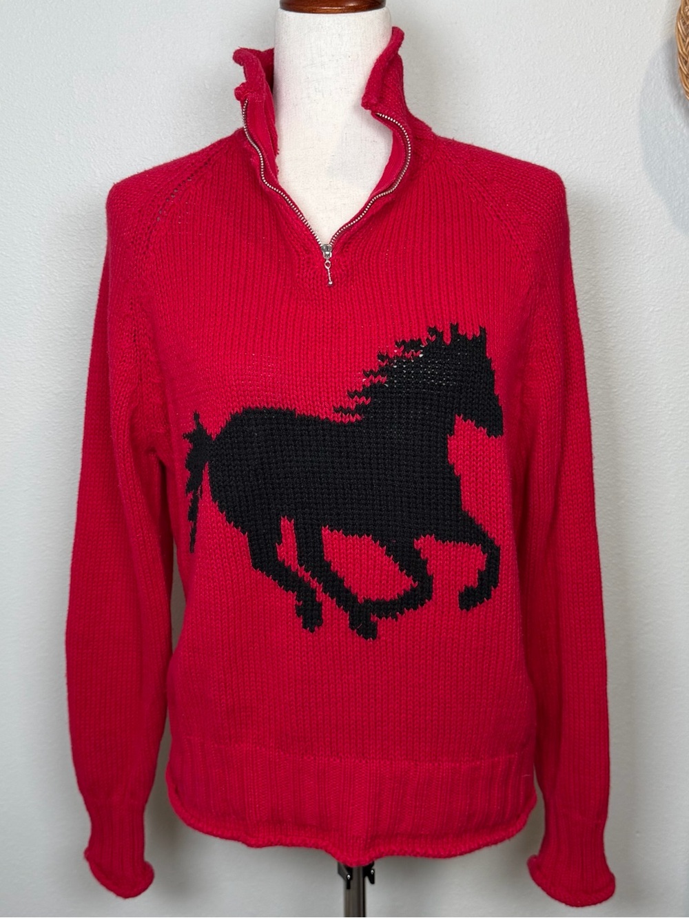 Vintage Red & Black Equestrian Western Horse Running Quarter Zip Sweater Medium
